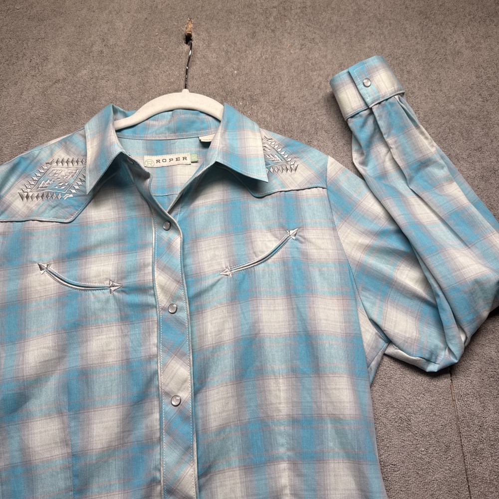 Roper Men's Western Shirt Size Large  Blue Plaid Pearl Snap Smile Pockets Cowboy
